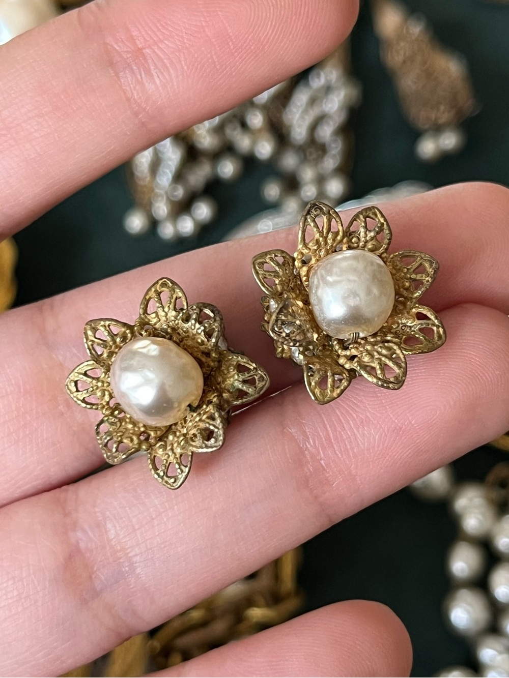 Vintage Miriam Haskell Flower Baroque Glass Pearl Bronze Filigree Clip Earrings